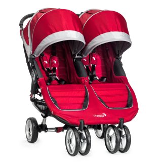 Double stroller by Baby Jogger in crimson red