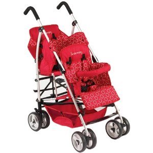 Red Kinderwagon HOP double inline stroller with storage basket and double wheels.