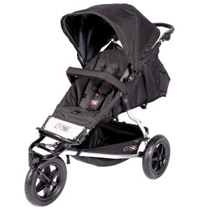 Black inline double stroller by Mountain Buggy with one front wheel and large canopy