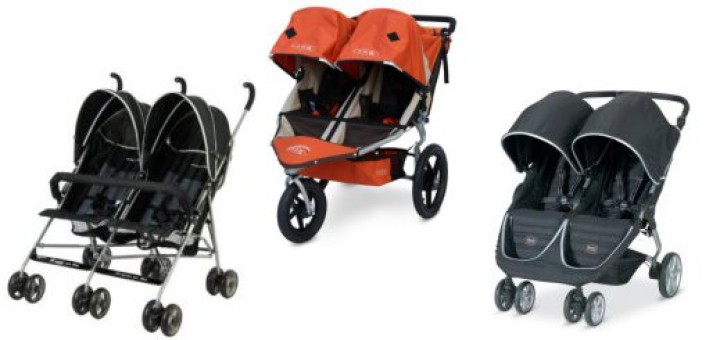 Three side by side double strollers